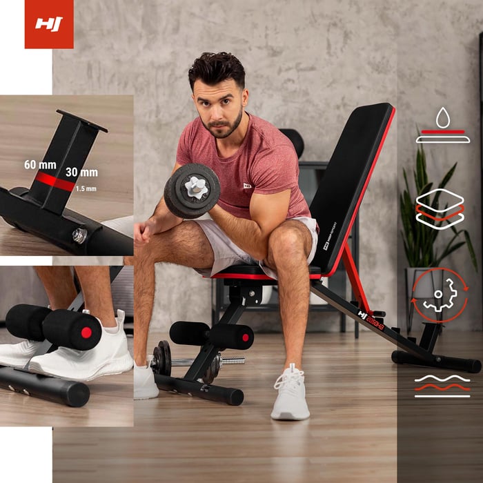 Detale ławki regulowanej marki Hop-Sport, gruba tapicerka, gąbki na nogi oraz szeroki profil