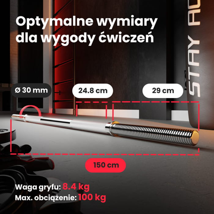 Wymiary gryfu 150 cm ze stali chromowanej marki Hop-sport o średnicy 30 mm