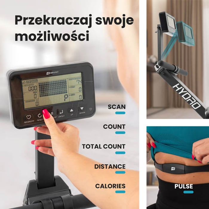 wioślarz treningowy HS-160WR Hydro wyposażony w komputer z podstawką i czytelnym wyświetlaczem