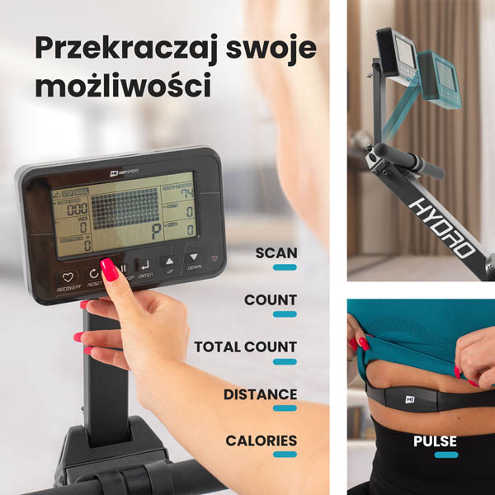 Wioślarz wodny HS-160WR wyposażony w multifunkcyjny komputer treningowy z wyświetlaczem umieszczonym na wysokości wzroku