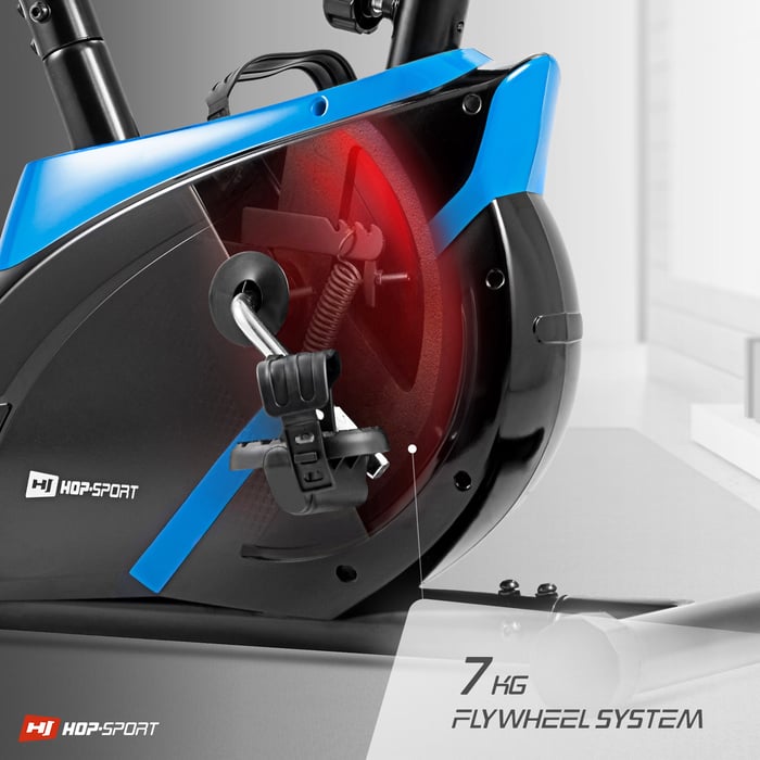 Rower treningowy HS-2070 Onyx niebieski wyposażony w system oporu odpowiedzialny za pracę rowerka