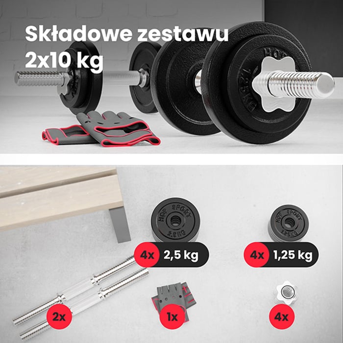 Zawartość zestawu hantli żeliwnych hop-sport 2x10 kg