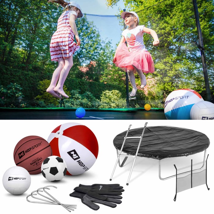 Pokazane gratisy, które są dołączane do trampoliny ogrodowej marki Hop-sport 