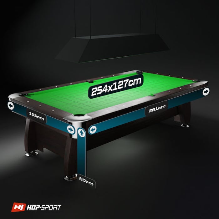 Dane techniczne stołu bilardowego Vip Extra 9ft brązowy z zielonym suknem Hop-Sport