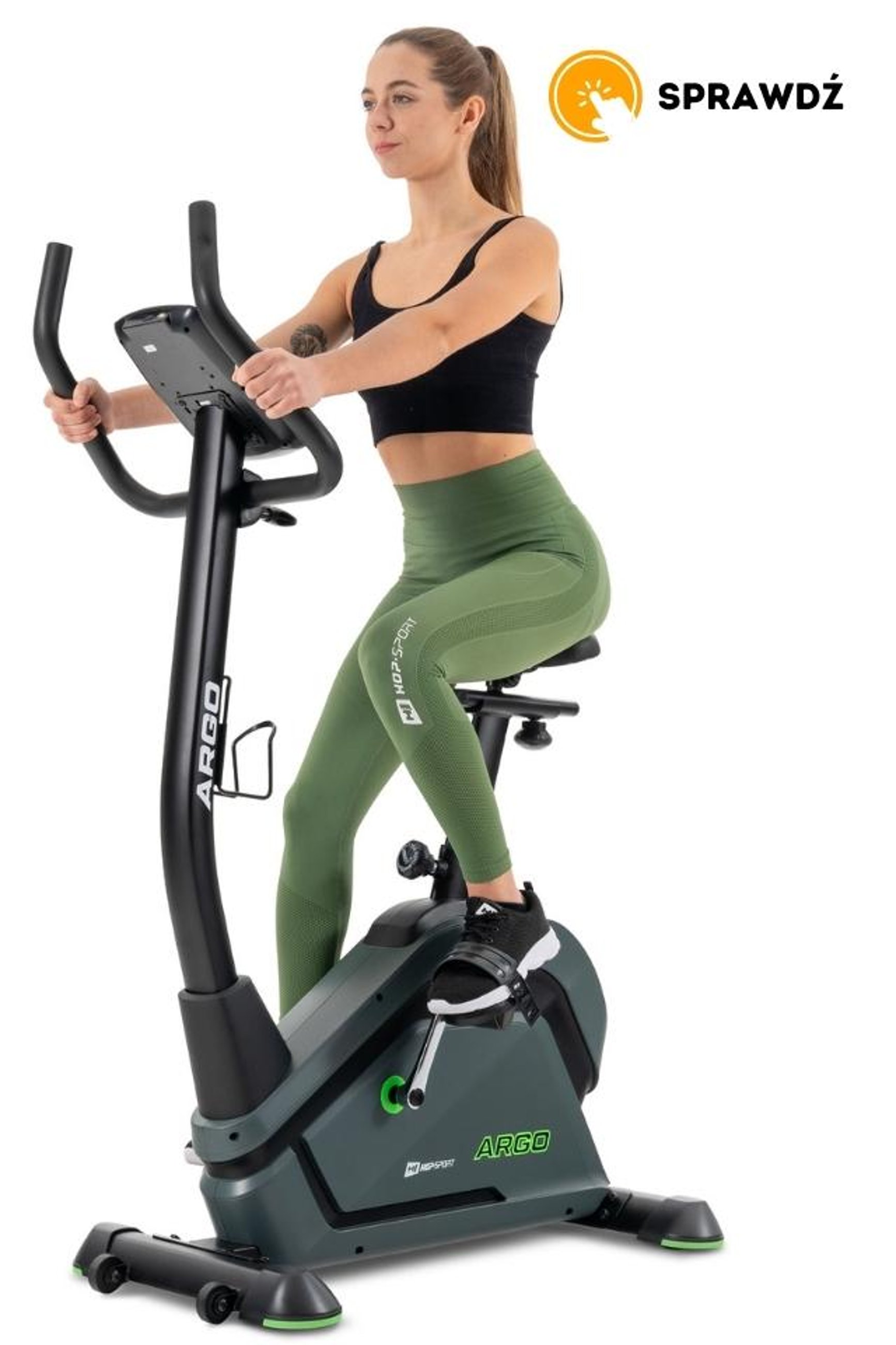 modelka ćwicząca na pionowym rowerze treningowym HS-120H Argo, marki Hop-Sport