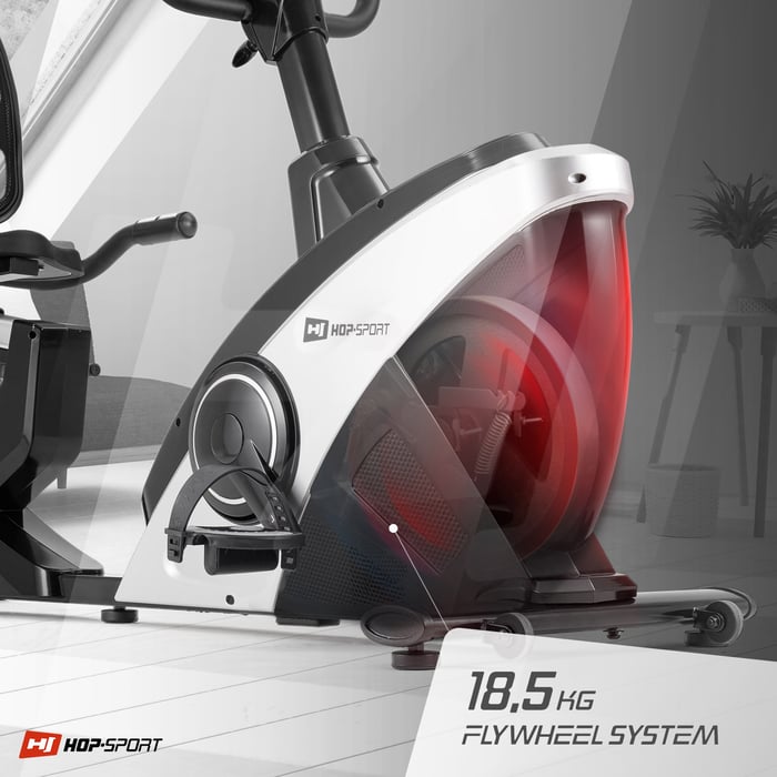 Rower leżący Hop-Sport HS-070L Helix srebrny wyposażony w magnetyczny system oporu i hamowania