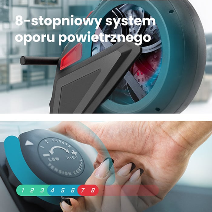 wioślarz treningowy hop-sport HS-070R Rush wyposażony w cichy i wydajny sytem oporu powietrznego