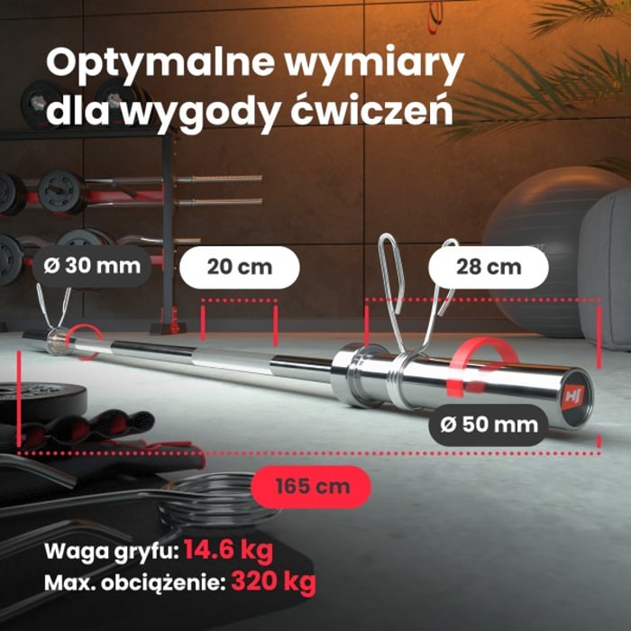 Wymiary gryfu olimpijskiego 165 cm ze stali chromowanej marki Hop-sport o średnicy 50 mm