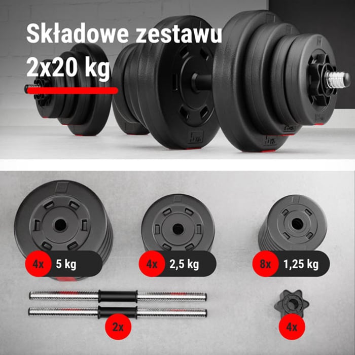 Zawartość zestawu hantli hop-sport 2x20 kg, 16 obciążeń bitumicznych, 2 gryfy