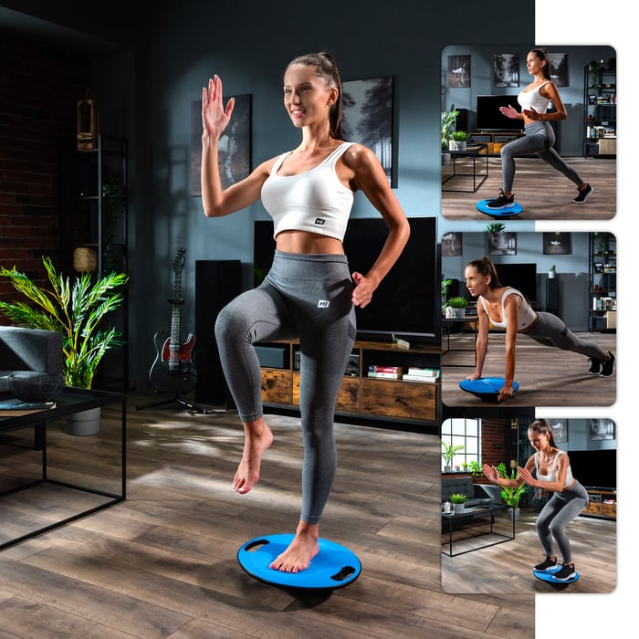 kobieta wykonuje ćwiczenia na platformie do balansowania niebieskiej marki Hop-Sport