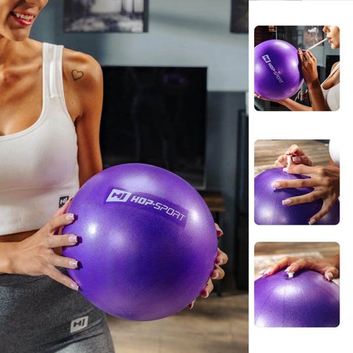 fioletowa piłka gimnastyczna 25cm marki Hop-Sport z rurką do pompowania piłki