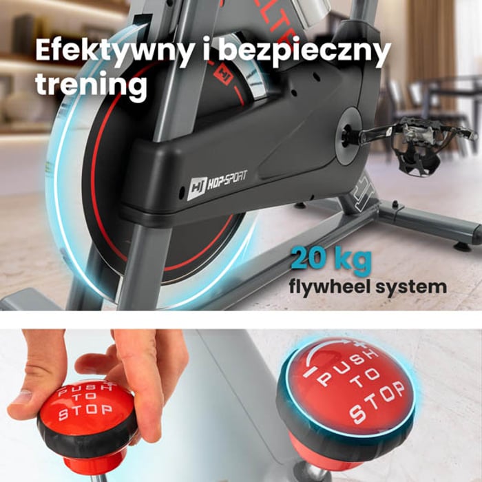 Rower spinningowy HS-065IC Delta wyposażony w koło zamachowe o wadze 20kg oraz hamulec bezpieczeństwa