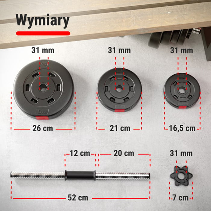 Obciążenia bitumiczne 5kg, 2,5kg oraz 1,25 kg oraz gryf 52cm o średnicy 30 mm