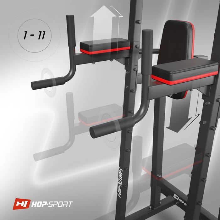 Zbliżenie na regulowane uchwyty do pompek w poręczach treningowych HS-1018K marki Hop-Sport