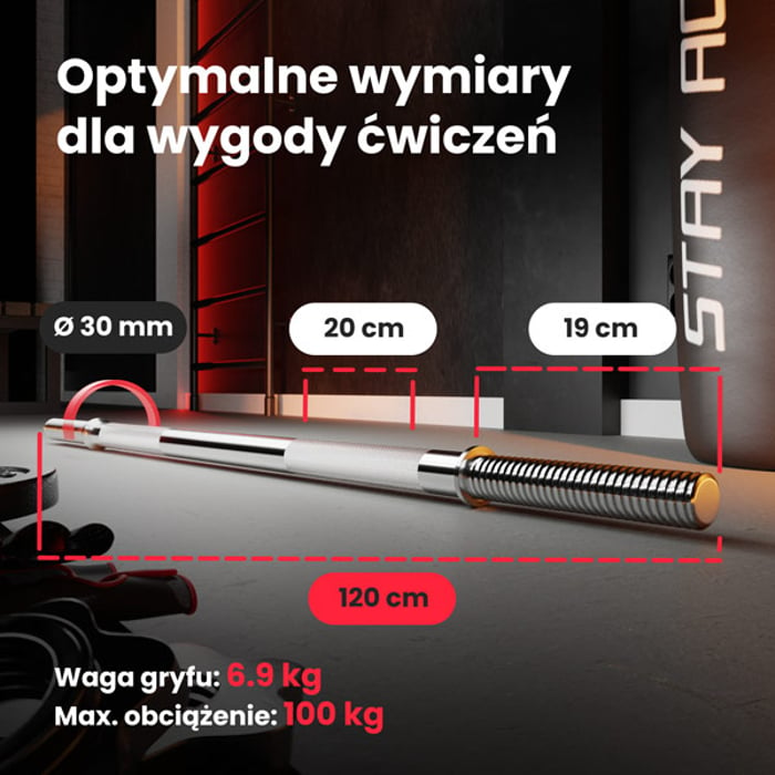 Wymiary gryfu 120 cm ze stali chromowanej marki Hop-sport o średnicy 30 mm