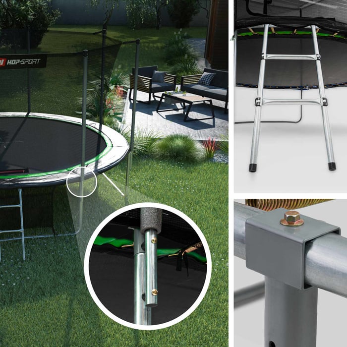 Konstrukcja trampoliny ogrodowej z siatką wewnętrzną marki Hop-sport w kolorze czarno-zielonym