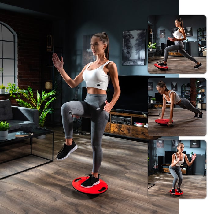 modelka ćwiczy na platformie do balansowania czerwonej marki Hop-Sport
