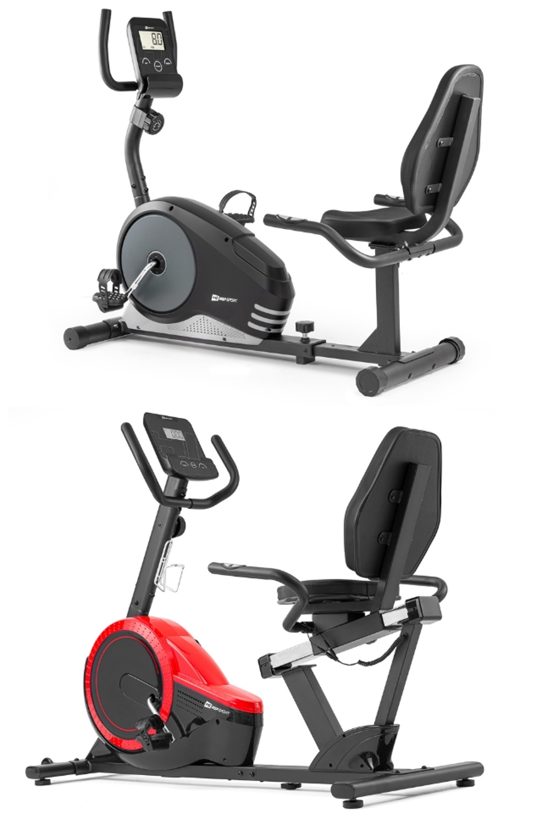 rowery poziome Hop-Sport, modele HS-040L Root srebrny i HS-060L Pulse czerwony