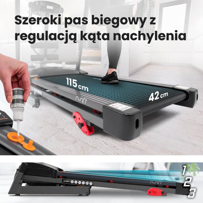 Bieżnia treningowa HS-1500LB Vista wyposażona w szeroki i wielowarstwowy pas biegowy z możliwością regulacji