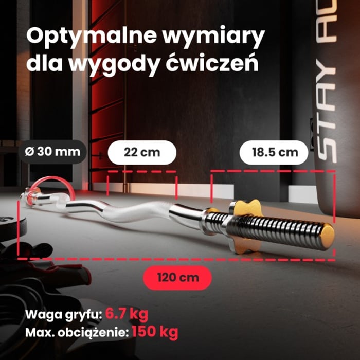 Wymiary gryfu lekko łamanego 120 cm ze stali chromowanej marki Hop-sport o średnicy 30 mm