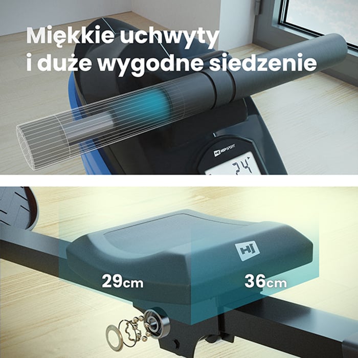 Wioślarz treningowy HS-060R Cross niebieski posiadający wygodne siodełko oraz piankowy uchwyt