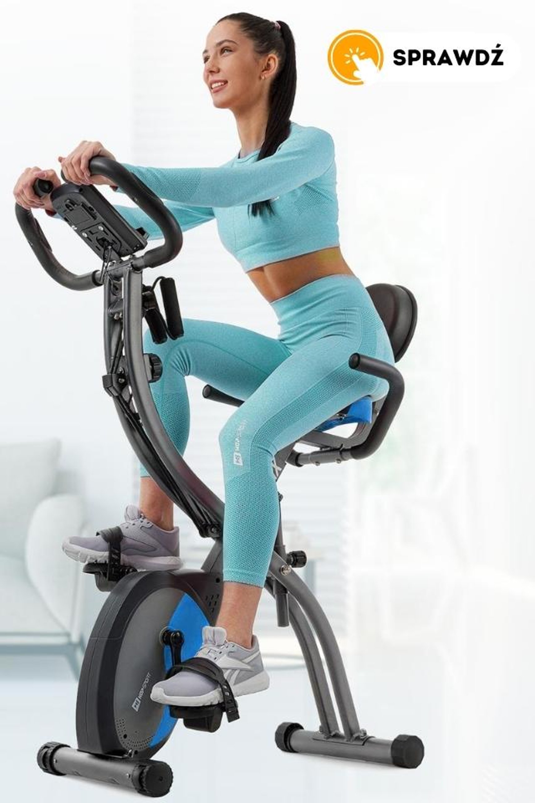 modelka ćwicząca na składanym rowerze stacjonarnym - X-Bike HS-3010 Grix, marki Hop-Sport