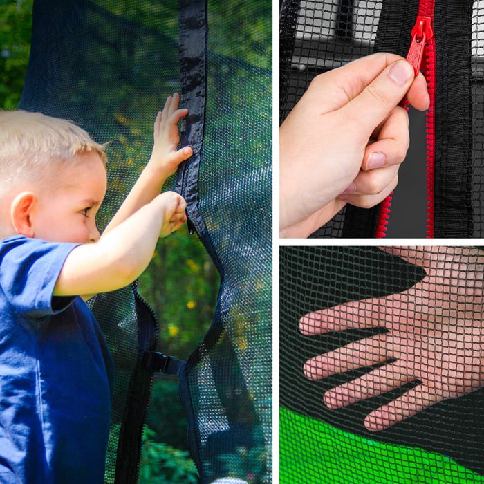 Dziecko zapinające zamek w trampolinie ogrodowej marki Hop-sport w kolorze zielonym