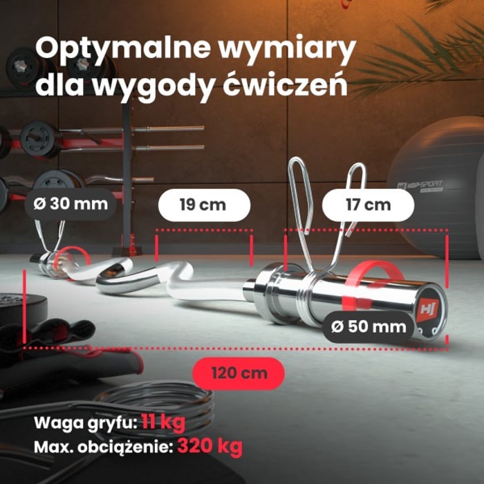 Wymiary gryfu olimpijskiego mocno łamanego 120 cm ze stali chromowanej marki Hop-sport o średnicy 50 mm