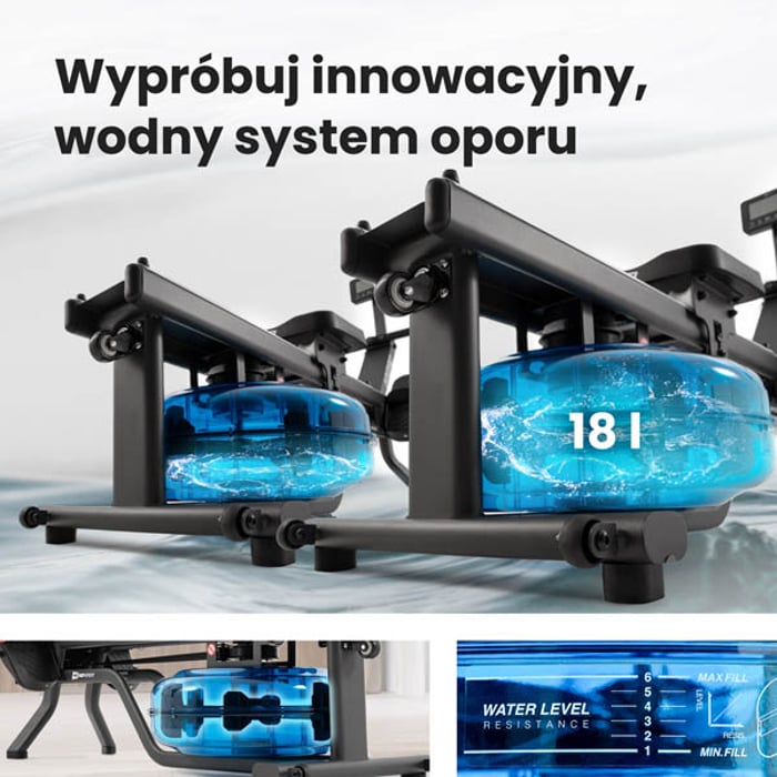 wioślarz treningowy HS-160WR Hydro wyposażony w zbiornik o pojemności 18 litrów i skalą obciążenia 6 stopniową