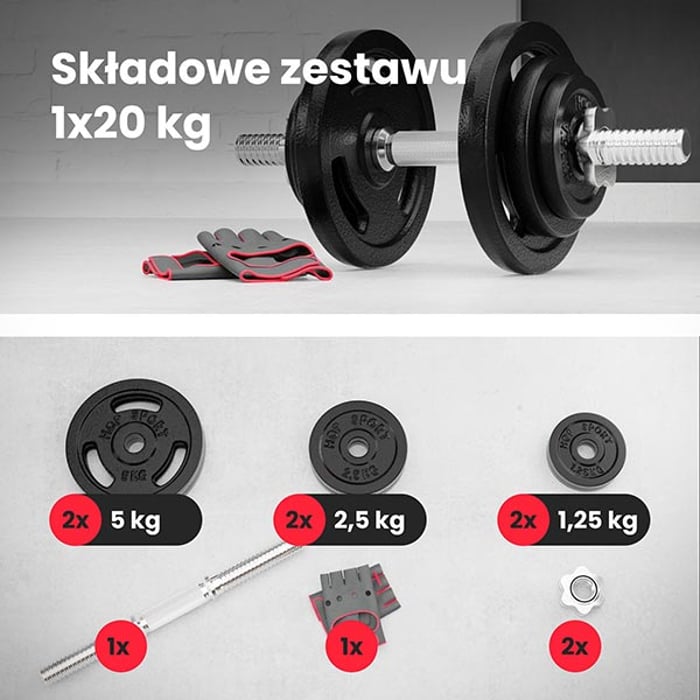 Zawartość hantli hop-sport 20 kg, 6 obciążeń żeliwnych, 2 gryfy, rękawiczki neoprenowe 