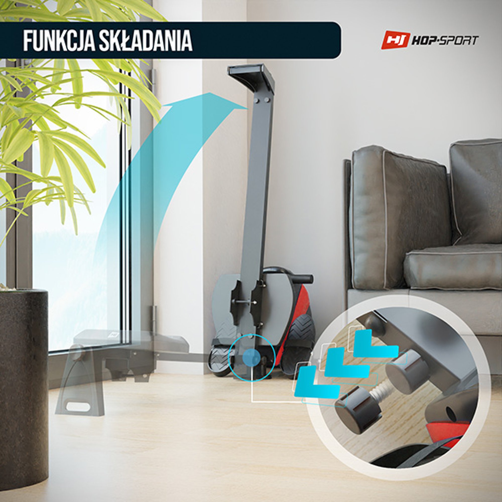 Wioślarz treningowy HS-030R Boost wyposażony w rolki ułatwiające przemieszczanie i transport