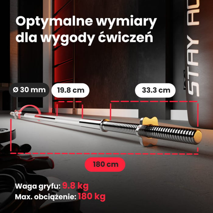 Wymiary gryfu 180 cm ze stali chromowanej marki Hop-sport o średnicy 30 mm