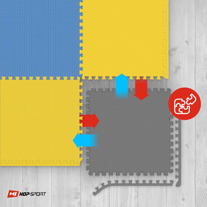 Łączenie mat puzzle Hop-sport w kolorze szaro-niebiesko-żółtym