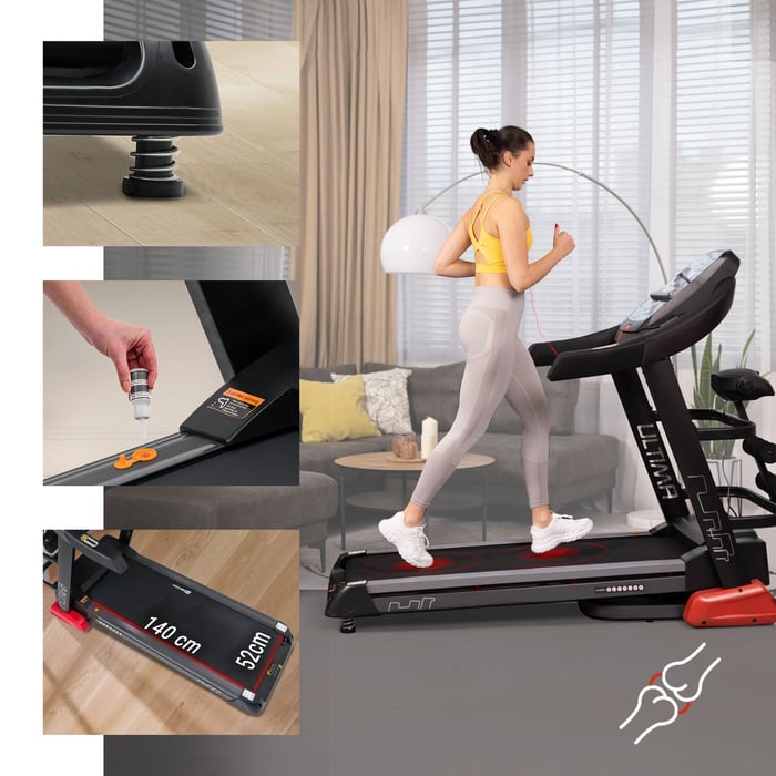 HS-4000LB została wyposażona w 4 amortyzatory po obu stronach bieżni, pas biegowy 52x140cm oraz system konserwacji pasa