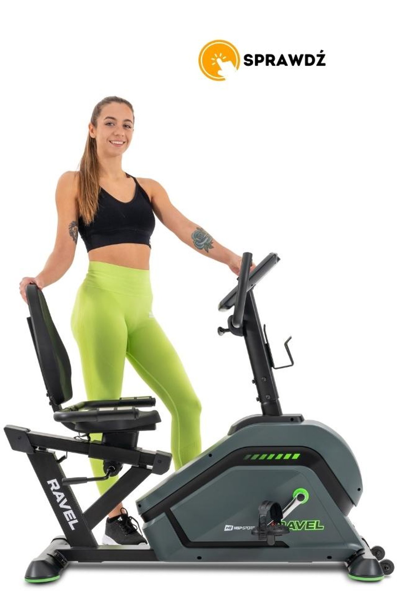 modelka prezentująca rower poziomy HS-120L Ravel marki Hop-Sport