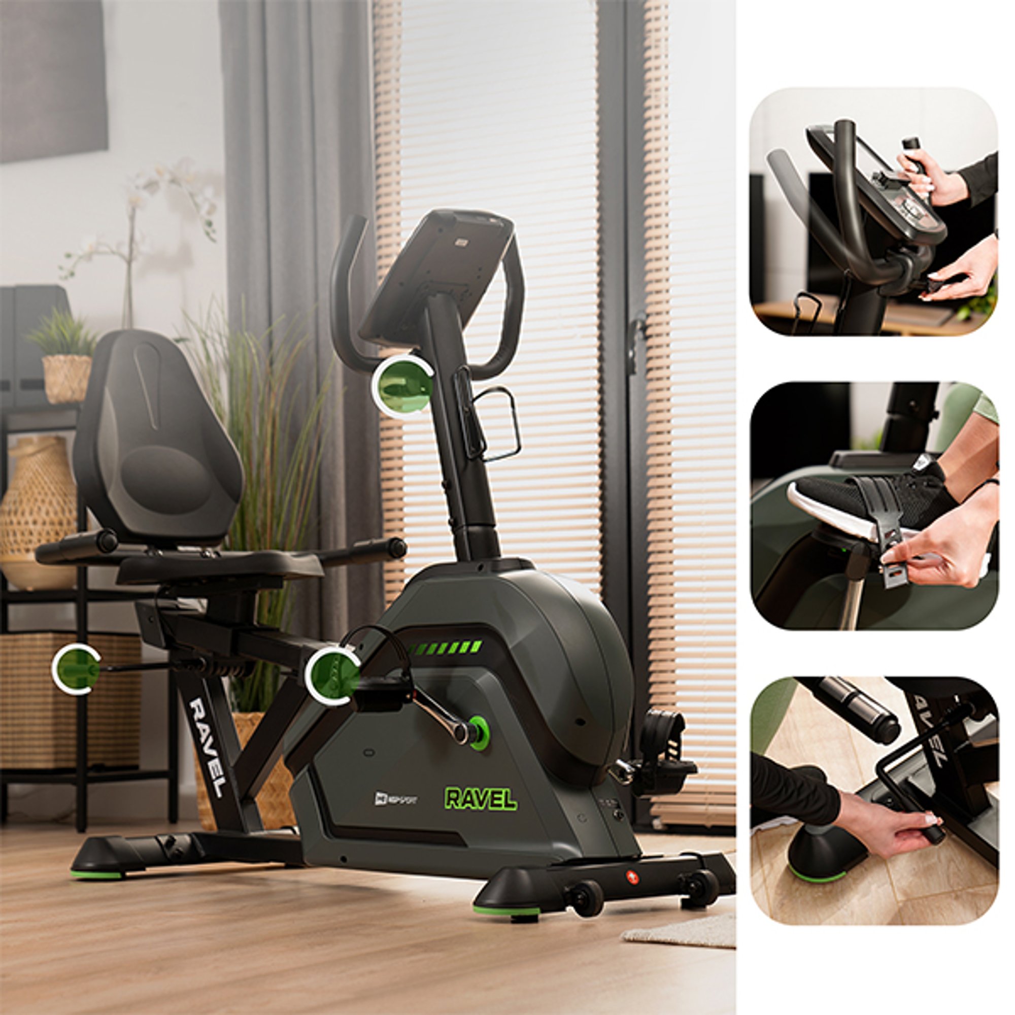 Rower leżący elektryczno-magnetyczny HS-120L Ravel został wyposażony w  wygodne siedzisko, antypoślizgowe pedała i regulowaną kierownice