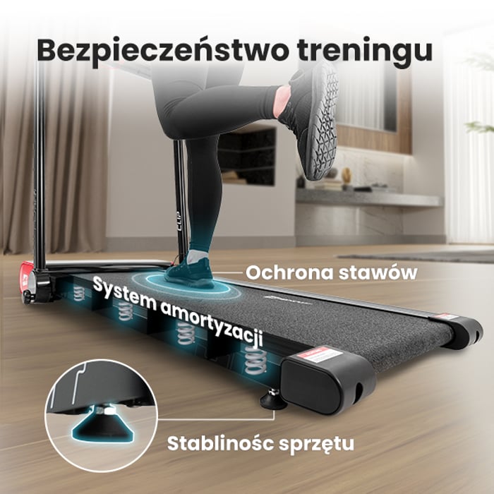 Bieżnia treningowa HS-900LB Clip wyposażona w wewnętrzny system amortyzacji , który absorbuje wstrząsy podczas treningu