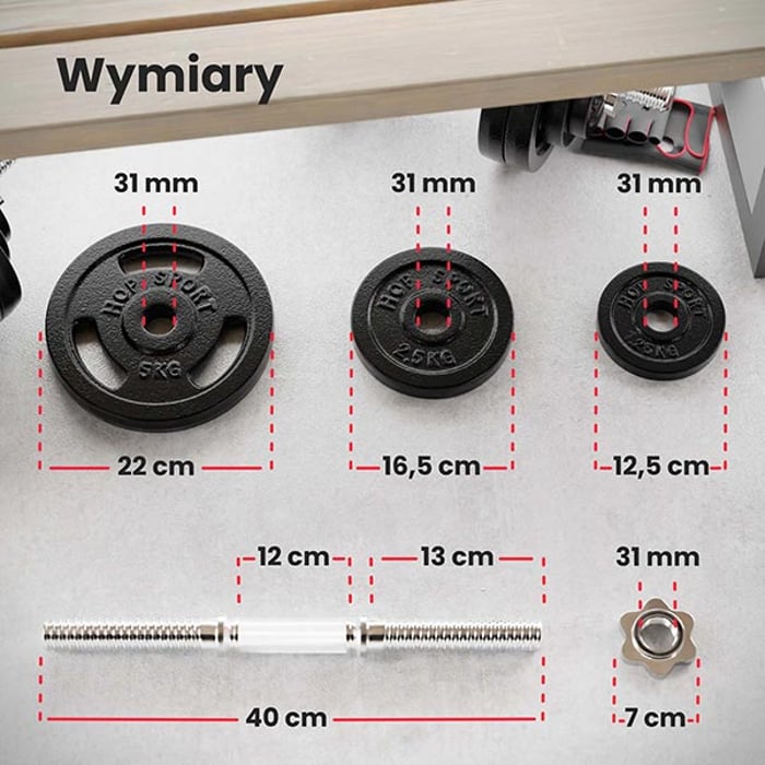 Obciążenia 5, 1,25 oraz 2,5 kg oraz gryf 40 cm o średnicy 30 mm