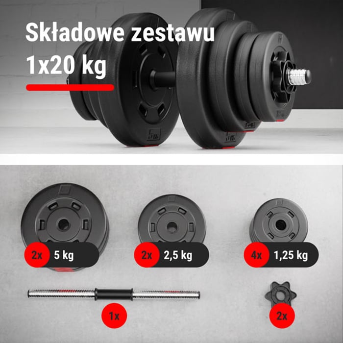 Zawartość hantli hop-sport 20 kg, 8 obciążeń bitumicznych, gryf