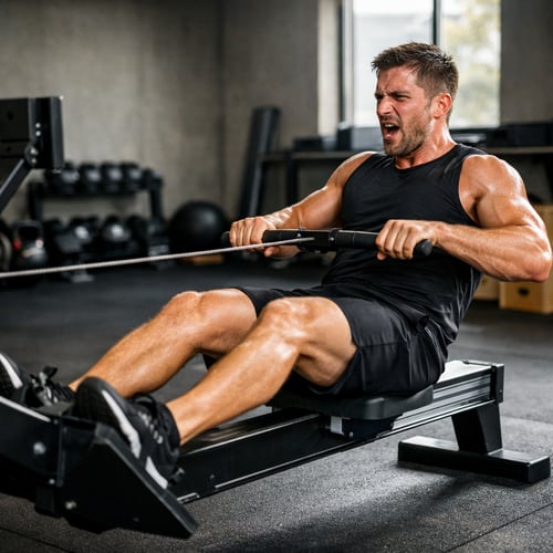 Mężczyzna wykonujący intensywny trening na wioślarzu w siłowni – dynamiczna alternatywa dla bieżni, pytanie: wioślarz czy bieżnia?