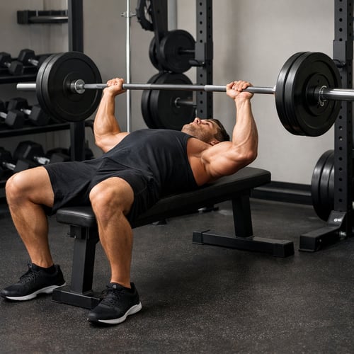Mężczyzna ćwiczący w siłowni, wykonujący wyciskanie sztangi na klasycznej ławce prostej – trening klatki piersiowej. Zobacz, jaka ławeczka – skośna czy prosta – sprawdzi się lepiej w Twoim planie treningowym.