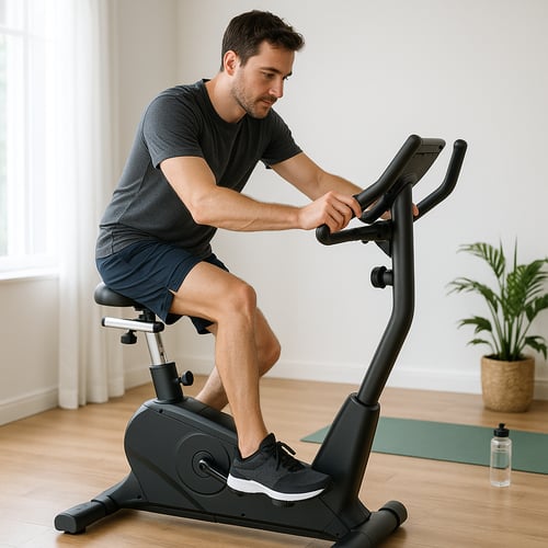 Mężczyzna ćwiczy na rowerku stacjonarnym w jasnym pomieszczeniu – trening na rowerku stacjonarnym zgodny z planem dla początkujących.