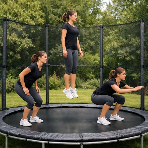 kobieta w sportowym stroju trenująca salto na trampolinie ogrodowej
