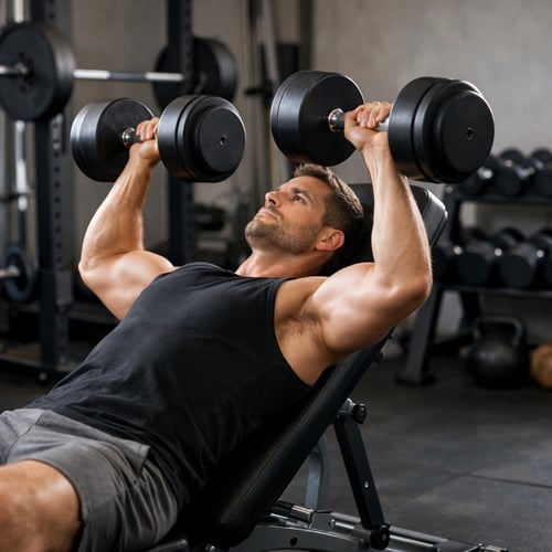 Trenujący mężczyzna wykonujący wyciskanie hantli na ławce skośnej, pod kątem dodatnim – wariant ćwiczenia na górną część klatki piersiowej. Sprawdź, czy ławeczka skośna czy prosta będzie lepszym wyborem dla Ciebie.