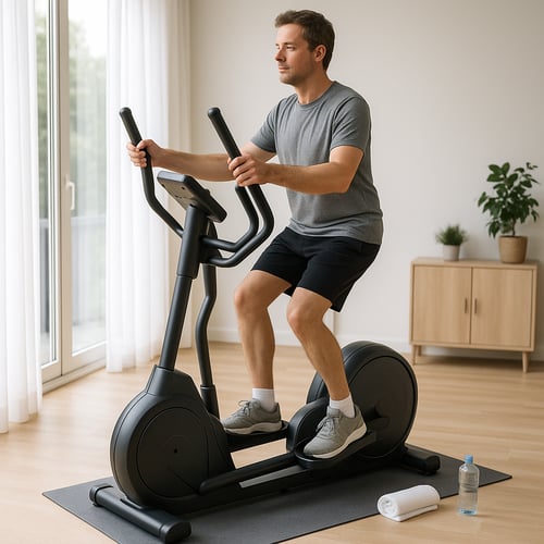 Mężczyzna wykonujący trening cardio na orbitreku w jasnym, domowym wnętrzu; idealne porównanie: wioślarz czy orbitrek dla osób szukających treningu wytrzymałościowego w domu