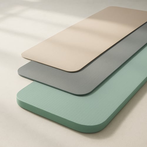 Trzy maty do pilatesu w odcieniach beżowym, szarym i zielonym ułożone jedna na drugiej na jasnej podłodze – najlepsza mata do pilatesu w różnych kolorach i grubościach.