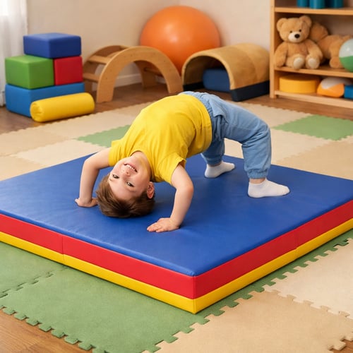 Uśmiechnięte dziecko w żółtej koszulce ćwiczy mostek na kolorowym materacu gimnastycznym w pokoju zabaw – jaki materac gimnastyczny będzie najlepszy dla dzieci.