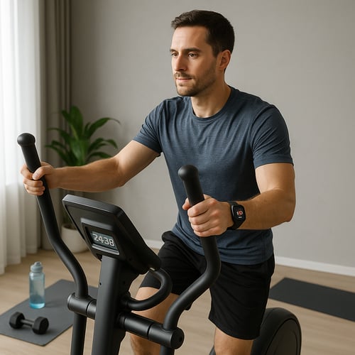 Mężczyzna w trakcie spokojnego treningu cardio na orbitreku w domowej siłowni, skupiony na poprawie kondycji bez obciążania kolan – orbitrek a kolana w praktyce.