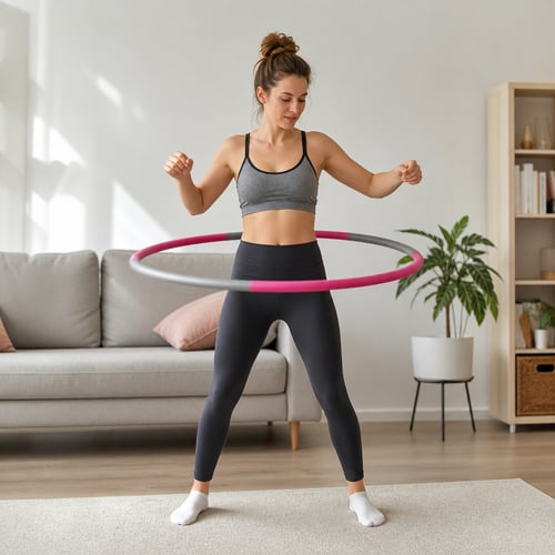 Kobieta ćwiczy w domu i pokazuje jak kręcić hula hop na talii, używając klasycznej obręczy fitness w salonie.