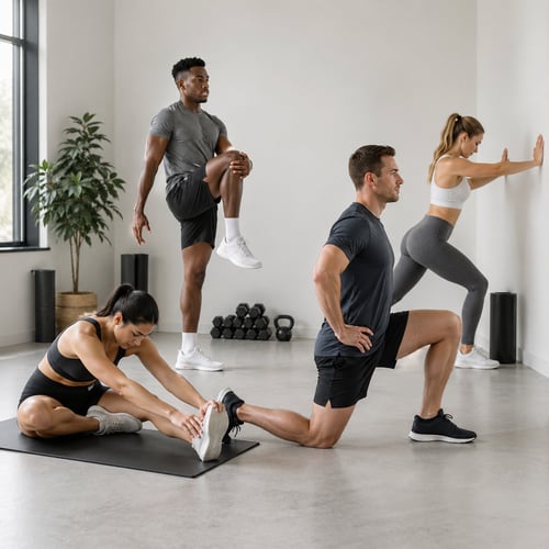 Grupa osób wykonuje stretching w jasnym studiu fitness – różne ćwiczenia rozciągające poprawiające mobilność i elastyczność ciała.